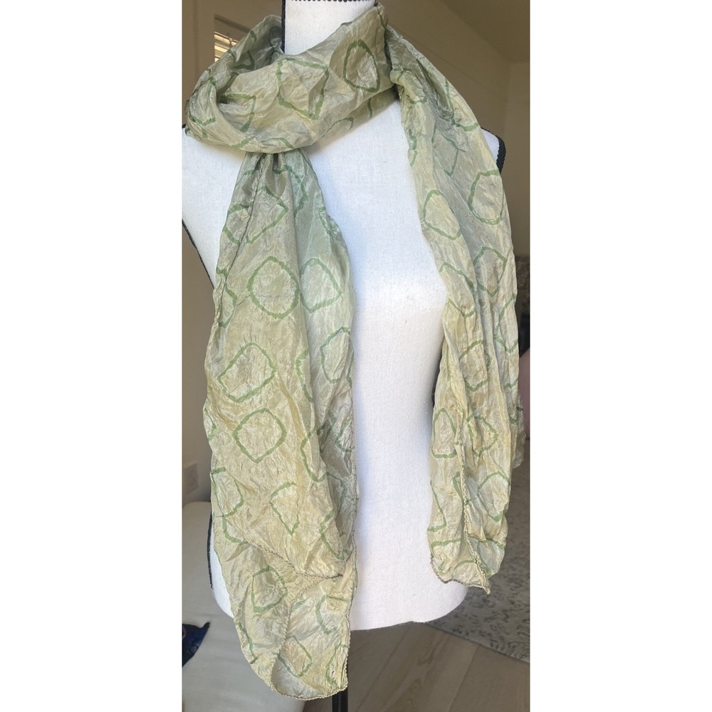 Vintage 100% Silk Scarf Oblong Crinkle Gold & Sage Accessory Obsession Asian Eye